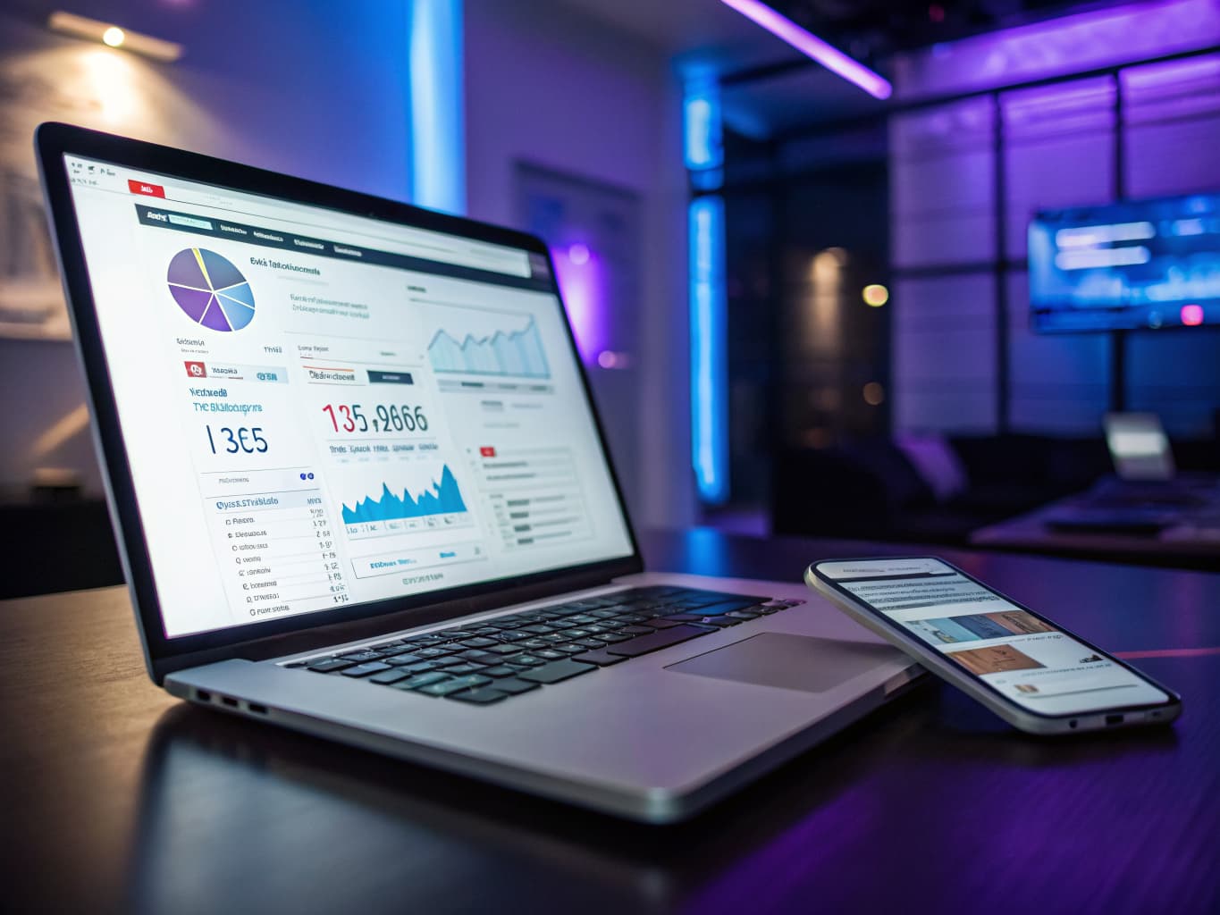 Laptop and phone displaying retargeting ad creatives and click-through-rate analytics charts