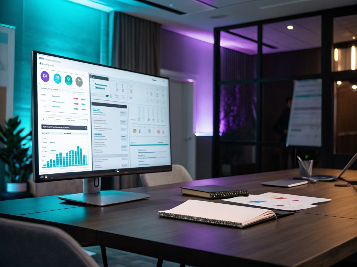Widescreen monitor displaying a candidate pipeline dashboard in a modern conference room