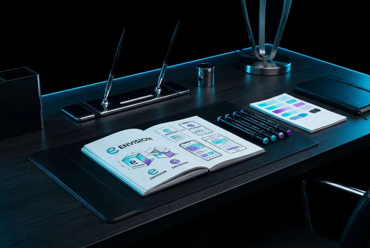 Creative agency team member sketching brand concepts at a bright studio desk