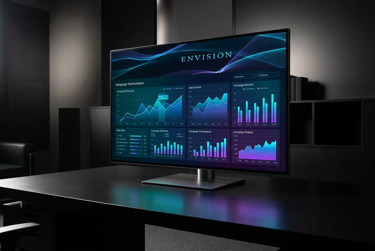 Two creative professionals reviewing a campaign presentation on a large monitor in a modern studio
