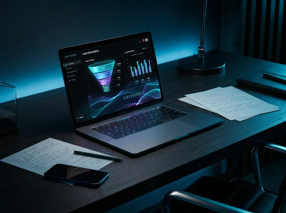 Laptop displaying a sales funnel and lead generation dashboard on a desk in a modern office
