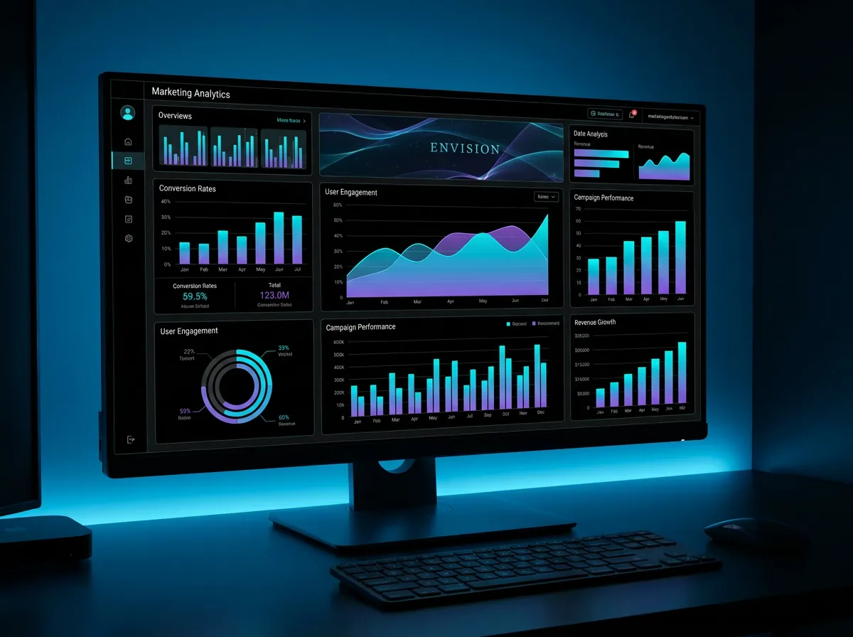 Marketing analytics dashboard displayed on a widescreen monitor showing campaign performance graphs in a softly lit office