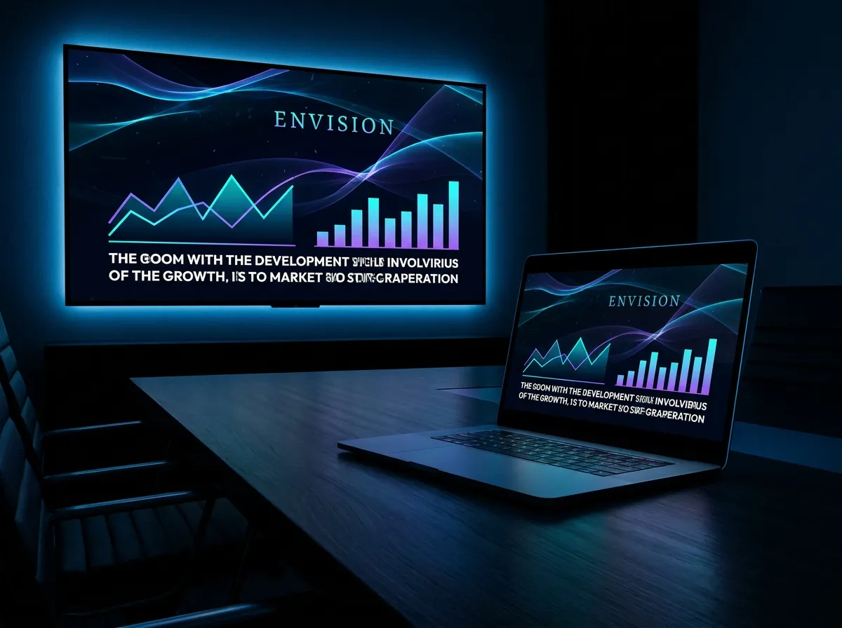 Conference table with a laptop and screen displaying a pitch deck slide with charts and bold typography