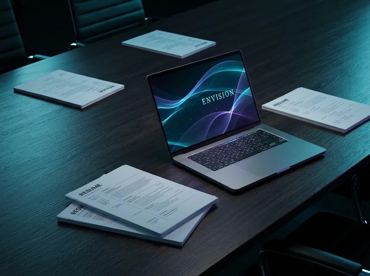 Meeting room table with printed resumes and a laptop showing a candidate pipeline interface